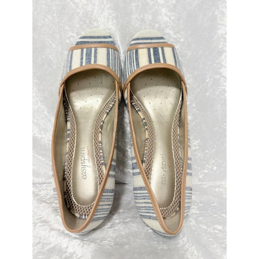 Easy‎ Spirit Brigette Size-8W Blue White Striped Espadrille Wedge Peep Toe Shoes